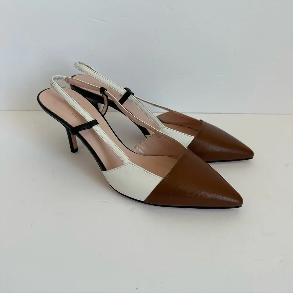 KateSpade Sabina pumps white brown leather with black and clear slingback straps - Picture 2 of 13